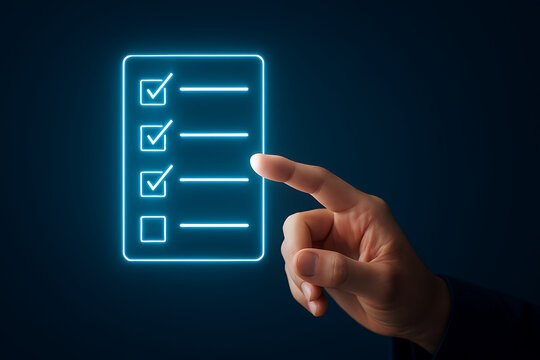 Hand pointing to a glowing blue digital checklist with completed tasks representing successful planning project management quality control audit and meeting business service requirements