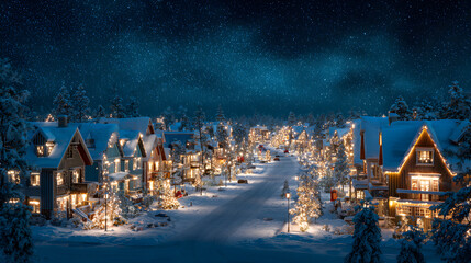 Snowy Christmas village under aurora lights, glowing pine trees and frosted rooftops captured in cinematic HDR illumination, serene festive ambiance, photorealistic winter wonderland
