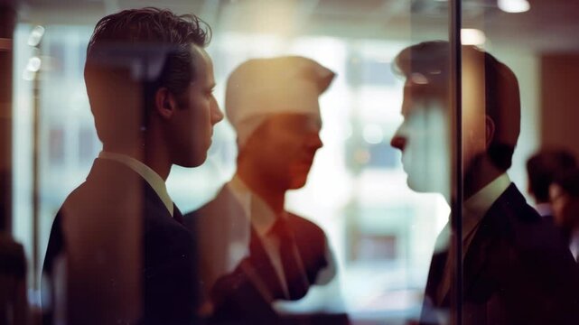 Three men are standing in front of a glass window. One of them is wearing a tie. The other two men are wearing suits