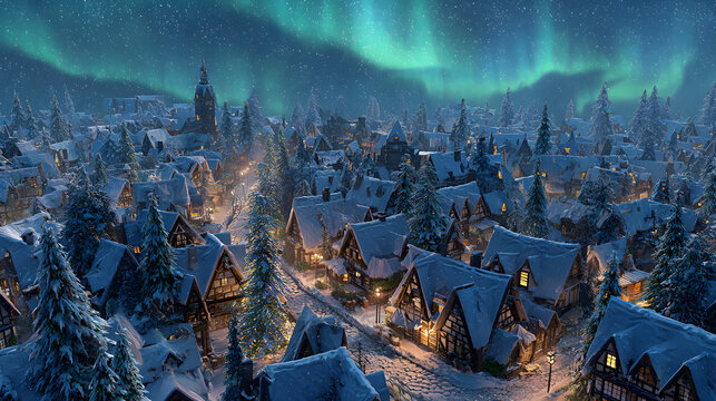Snowy Christmas village under aurora lights, glowing pine trees and frosted rooftops captured in cinematic HDR illumination, serene festive ambiance, photorealistic winter wonderland - Powered by Adobe