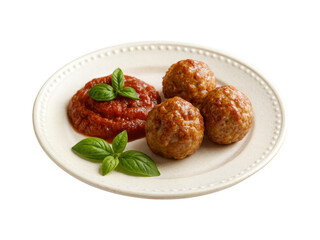 Delicious homemade meatballs served with rich tomato sauce and fresh basil garnish on a white plate