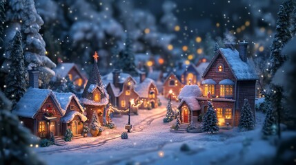  A magical, snow-covered village at dusk with warm, glowing lights in the windows of charming houses. This cozy winter scene evokes feelings of Christmas, holiday season comfort, community