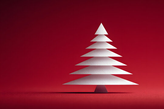 A minimalist white paper cut in a stepped, triangular shape to evoke a Christmas tree, with a striking red background showing through the cuts, for Christmas celebration or simple winter themes.