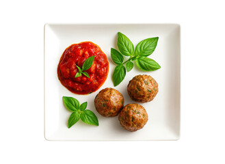 Delicious homemade meatballs served with a rich tomato sauce and fresh basil leaves on a white square plate