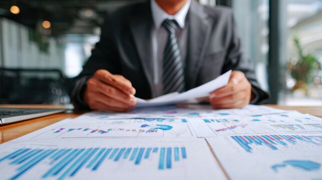 Businessman Analyzing Financial Charts and Documents in Office Setting