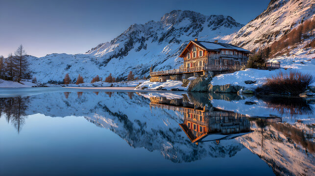 Snowy mountain chalet reflecting in icy lake, morning sun and HDR light balance, alpine holiday dreamscape - Powered by Adobe