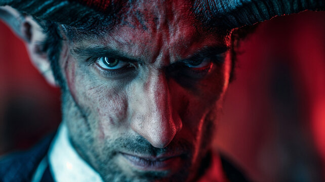 Menacing horned demon boss character with piercing blue eyes surrounded by dramatic red lighting and dark atmospheric smoke effects. Symbol of dark side of the people - Powered by Adobe