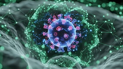 Detailed Visualization of Coronavirus with Red and Blue Tones Surrounded by Green Network on a Gray Background - Powered by Adobe