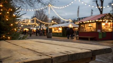 Empty wooden table with blurred christmas market in background at dusk
