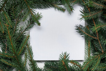 Christmas tree. Frame of spruce branches and blank card, flat lay. Space for text