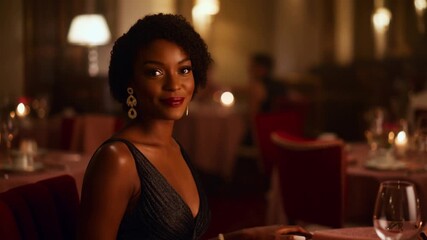 An elegant lady enjoying an evening dinner in a restaurant setting. The woman is dressed in a sophisticated outfit. She smiles at the camera Stock Video