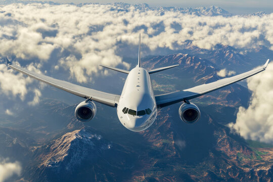 An airplane soars through a blue sky, flying above majestic mountains and a blanket of fluffy clouds during daylight hours