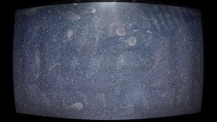 Close-up photo of an old CRT monitor screen showing visible dust, fingerprints, and pixel noise....