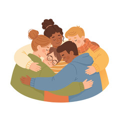 Diverse Group of Friends Embracing Warmly in a Circle Outdoors with Eyes Closed and Smiling Wearing Casual Autumn Clothing