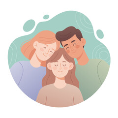 Diverse Family Trio Embracing with Closed Eyes and Gentle Smiles in Soft Pastel Colors Symbolizing Love and Connection