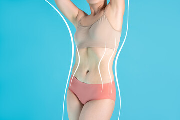 Body contouring and weight loss concept, woman with correction lines for plastic surgery