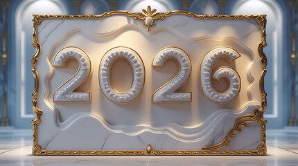 Ornate 2026 sign in white marble with gold scrollwork frame in a grand interior setting
