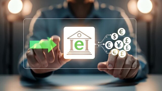 Digital Banking Concept Showing Hands Interacting With Holographic Interface Featuring Bank Icon Currency Symbols and Green Arrow on Light Background