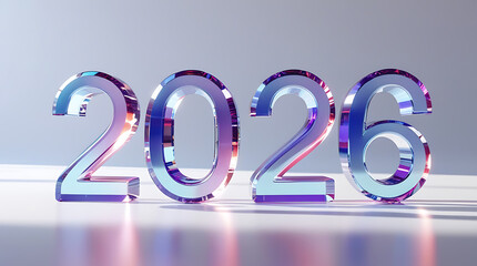 The year 2026 rendered in polished crystal with futuristic purple and blue light reflections