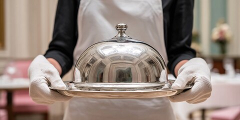 Waiter holding silver cloche