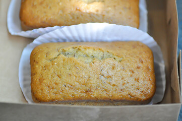 banana cake or banana bread or almond bread , loaf of bread
