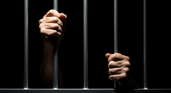 Hands grasping prison bars, symbolizing incarceration, imprisonment, and confinement