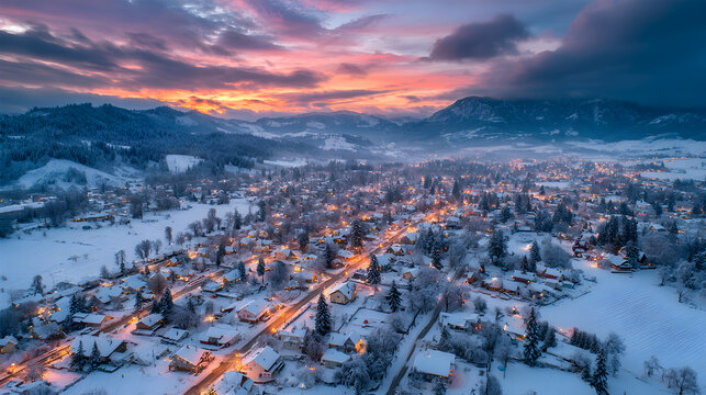 Winter mountain town at sunrise, aerial wide-angle composition, peaceful festive scenery