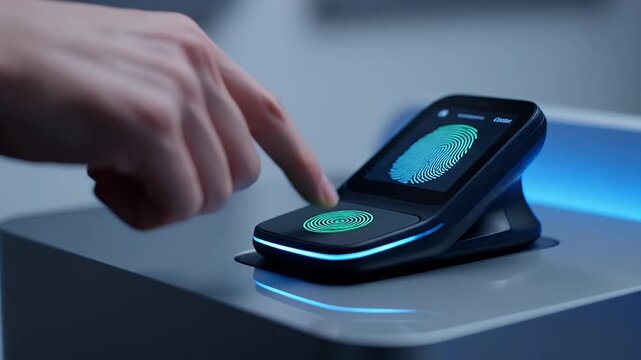 Index Finger Pressing a Black Biometric Authentication Scanner on White Background with Blue Lighting in a Modern Office Setting