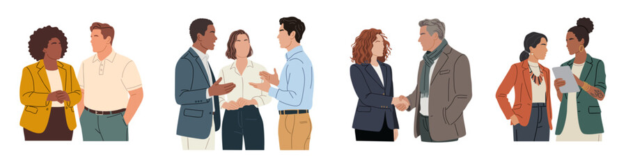 Fototapeta premium Minimalist vector illustration of business professionals in modern attire. Clean lines, solid colors, staggered group on transparent background. Ideal for corporate, office, and teamwork designs