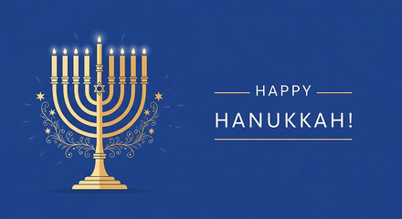 Glowing menorah with happy hanukkah greeting on blue background