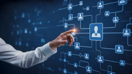 Businessmans hand touching digital screen displaying human resource management system network connecting people icons.