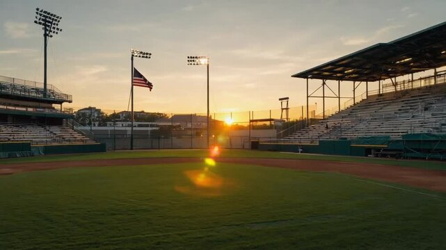 US flag on a baseball field.