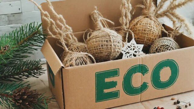 Box with eco-friendly Christmas decorations.