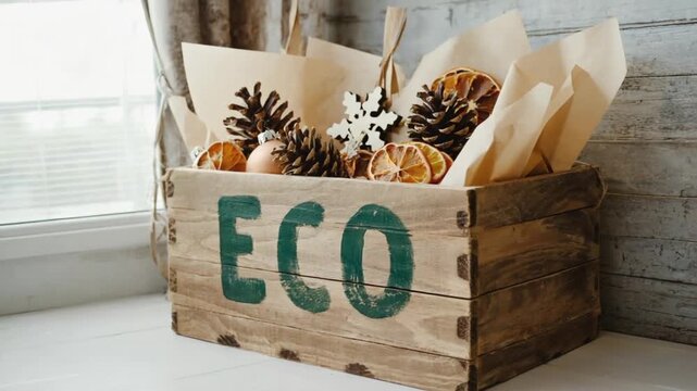 Box with eco-friendly Christmas decorations.