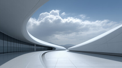 Modern White Curved Architectural Corridor with Cloudy Sky View