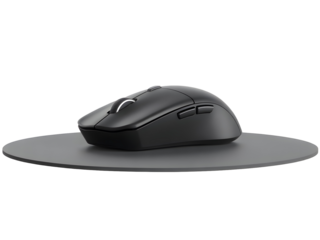 Black wireless ergonomic computer mouse resting on a circular dark gray mousepad isolated for technology and business concepts.