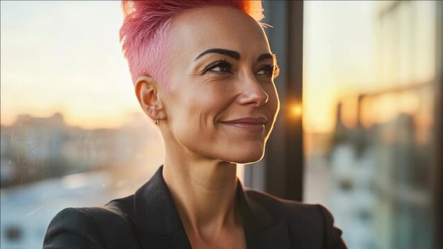 Professional headshot of a smiling woman with pink hair in an office setting.