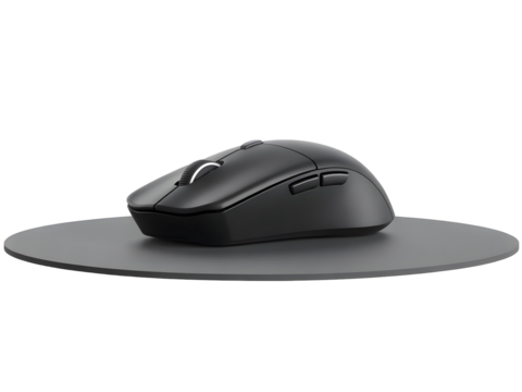 Black wireless ergonomic computer mouse resting on a circular dark gray mousepad isolated for technology and business concepts.