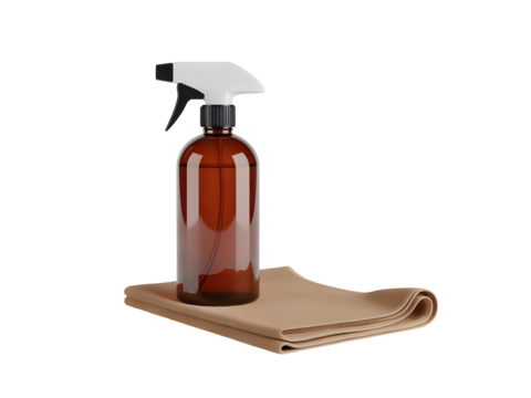 Brown cosmetic or cleaning spray bottle with a white trigger nozzle resting on a folded microfiber cleaning towel