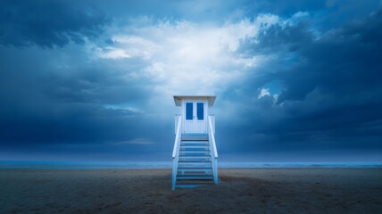 Lone beach hut stands on sandy shore beneath dramatic, overcast sky. Waves gently approach in moody, atmospheric landscape. Cool tones evoke calm introspection. Neural network AI generated