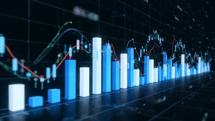 Financial data visualization with charts and graphs. Dynamic market analysis shows growth trends and analytics. Bright blue bars highlight stock performance. - Powered by Adobe
