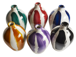 Collection of six modern ceramic jugs featuring vibrant hand-painted vertical stripes isolated on a dark background