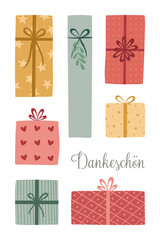 Dankeschön - Schriftzug in deutscher Sprache. Grußkarte mit bunten Geschenkpäckchen.