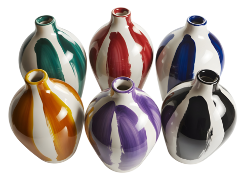 Collection of six modern ceramic jugs featuring vibrant hand-painted vertical stripes isolated on a dark background