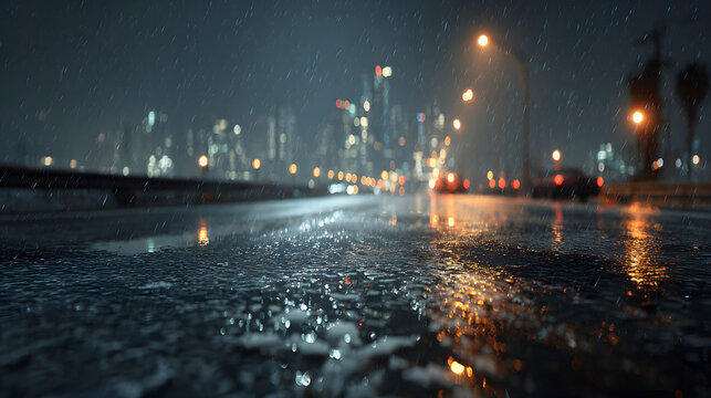 Rain and snow falling on wet asphalt at night, creating reflections of city lights and buildings, with puddles and glistening surfaces, capturing a serene urban atmosphere.