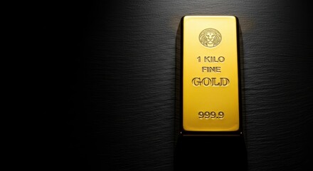 A single gold bar sits on a dark textured surface showing its purity and enduring value