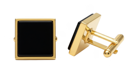 Elegant gold cufflinks with black onyx stone, isolated on transparent background