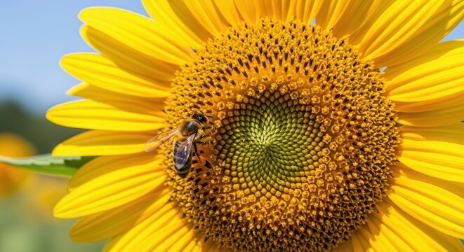 A honey bee gathers nectar and pollen from the center of a vibrant yellow sunflower on a sunny day.