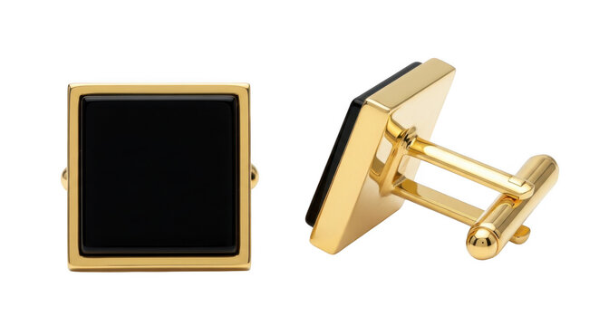 Elegant gold cufflinks with black onyx stone, isolated on transparent background
