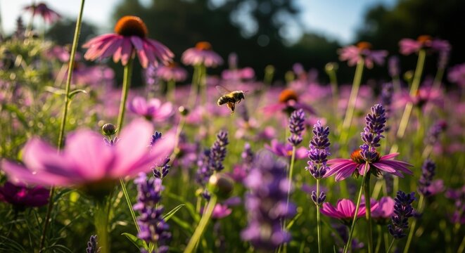A honeybee flies over a vibrant summer meadow of purple coneflowers and lavender. - Powered by Adobe